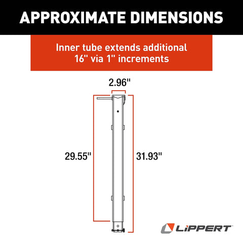 Fifth Wheel Landing Gear Lead Drop Leg 29.5 Inch Universal Replacement with dimensions and extension details.