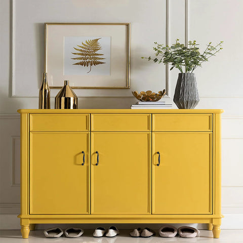 Yellow cabinet with Matte Black Aluminum Alloy 10-Piece Drawer Handles Set For Kitchen Cabinets And Drawers, Antique Style Bar Pulls shown