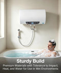 Rock Solid Seventy Liters Electric Tank Water Heater Kick Some Serious Heat With Wall Mount Bracket in a modern bathroom.