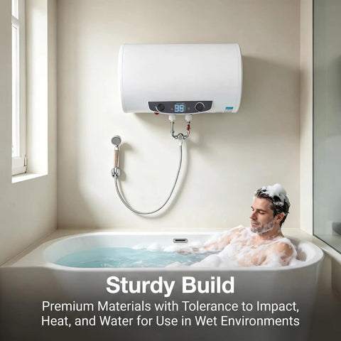 Rock Solid Seventy Liters Electric Tank Water Heater Kick Some Serious Heat With Wall Mount Bracket in a modern bathroom.