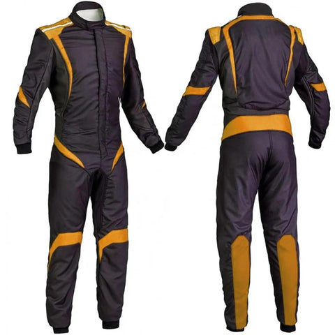 Pro Go Kart Racing Suit For Adults Lightweight Breathable Driving Gear With Custom Digital Printing For Team Colors Sponsors Or Personal Branding For Men And Women Size Large 54, front and back view with black and orange accents.