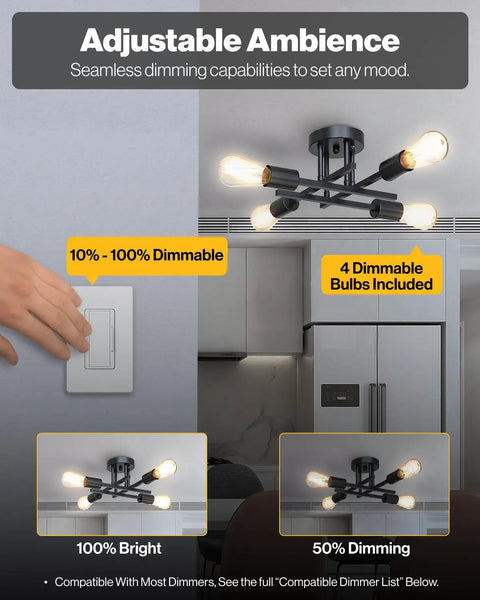 Hand adjusting dimmer switch for ceiling light with 4 Dimmable Bulbs included, showing 10% to 100% brightness settings.