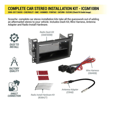 Ultimate Double and Single DIN Car Stereo Installation Kit for 2006 to 2017 Non-Amplified General Motors Rides showing dash kit and accessories.