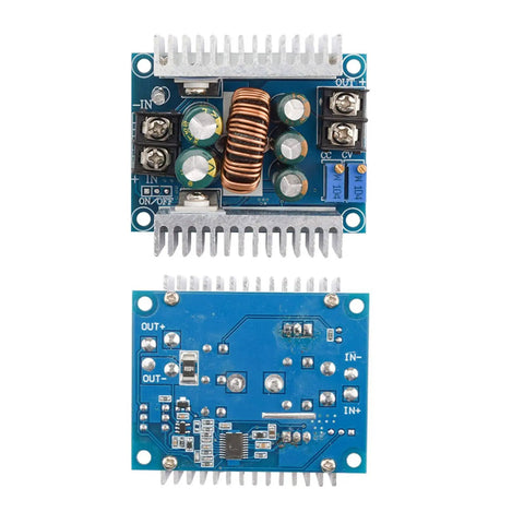 High Current Buck Converter Module for DIY Makers 6V to 40V Input 1 to 36V Output CC CV Mode 20A 300W Adjustable Step Down Power Supply Ideal for Batteries and Projects with heatsinks and components visible on top and bottom.