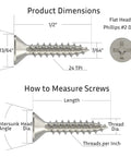 Premium Nickel Finish Flat Head Wood Screws With Phillips Drive And Countersunk Heads Pack Of 25 dimensions and measurement guide.