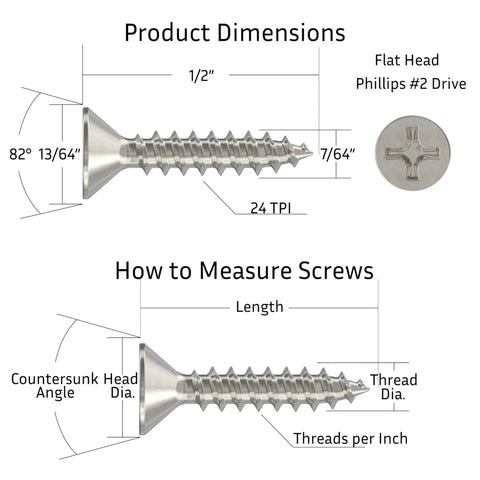 Premium Nickel Finish Flat Head Wood Screws With Phillips Drive And Countersunk Heads Pack Of 25 dimensions and measurement guide.
