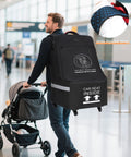 MCBD car seat travel bag with wheels; black padded carrier with reflective strips for airplane gate check