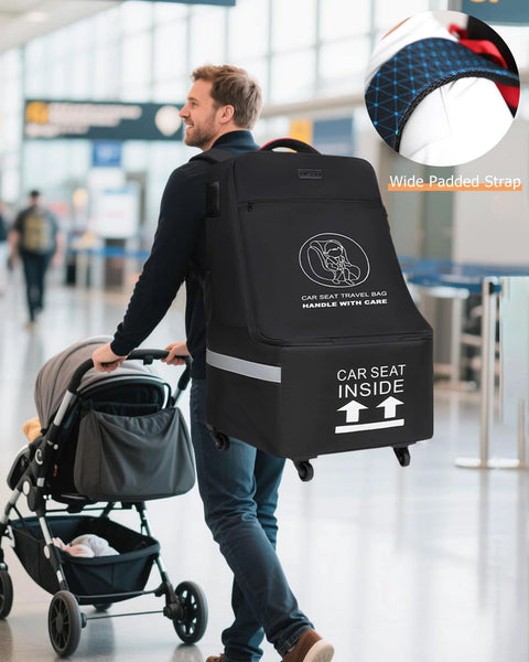 MCBD car seat travel bag with wheels; black padded carrier with reflective strips for airplane gate check