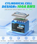 12V 100Ah LiFePO4 Battery With 100A BMS And 15000 Cycles, featuring cylindrical cell design and safety features