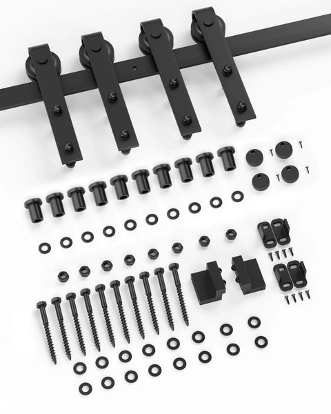 Heavy Duty 14 Ft Barn Door Hardware Kit For Double Doors, Black Sliding Track With Steel Hanger, hardware components