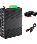 8 Port PoE Gigabit Industrial Ethernet Switch With 96W 48V Output next to power supply and cable