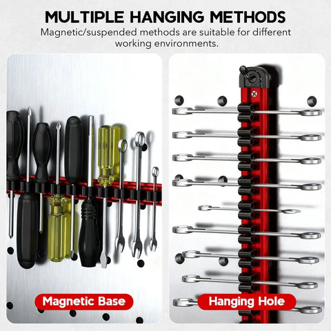 Magnetic Tool Organizer Rack for Screwdrivers and Wrenches, Heavy Duty Aluminum Rails with Strong Sliding Clips, Space Saving Garage Workshop Storage, Adjustable Tool Clips, Two Pack