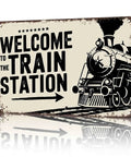 Train Station Steam Locomotive Metal Sign 8x12 Inch Vintage Retro Wall Decor For Living Room Bedroom Office Bar Cafe