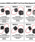 Plug And Play Fuel Pump Relay Bypass Kit With Six Relay Tester Modules, 9038A Wire Version, front view of modules and wiring.