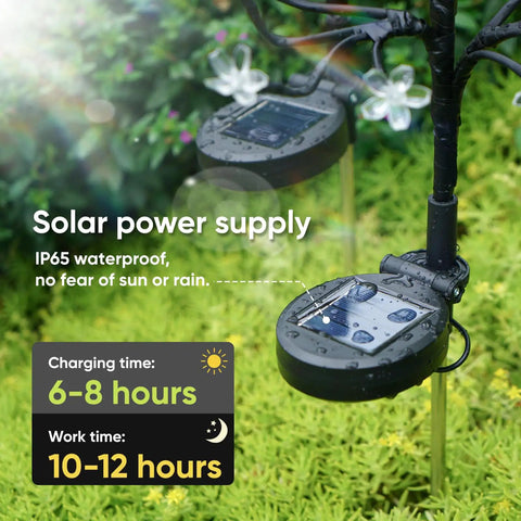 Close-up of Pink Solar Flower Lights 48 LED Outdoor Garden Stakes 4 Pack IP65 Waterproof Decor with solar power supply shown.