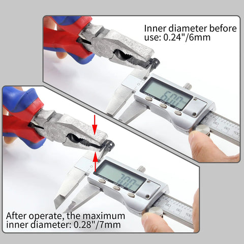 Rierdge 40-pack black spring hose clamps for 6–7 mm hoses, shown with caliper measuring inner diameter before/after use.