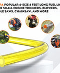 Gas Fuel Line Hose Kit For Small Engines Four Size Tubing Pack Each Four Feet I.D. x O.D., shown with usage examples