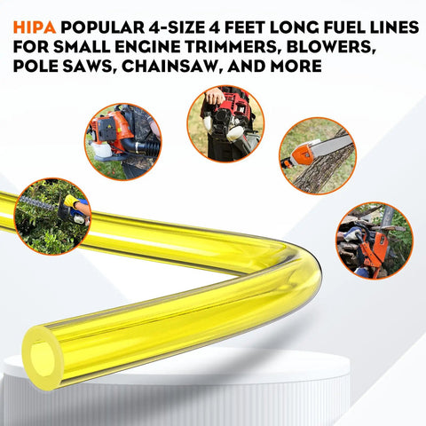 Gas Fuel Line Hose Kit For Small Engines Four Size Tubing Pack Each Four Feet I.D. x O.D., shown with usage examples