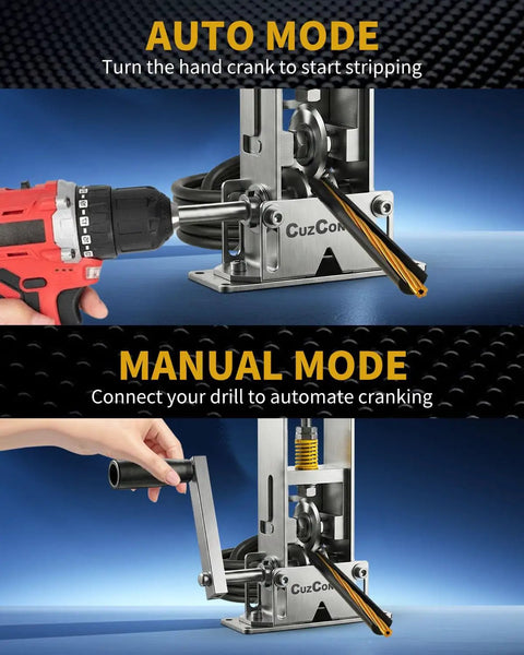 Drill Powered Wire Stripper Machine for 0.03 to 1 Inch Wires, steel frame with adjustable carbide blades for copper cable recycling.