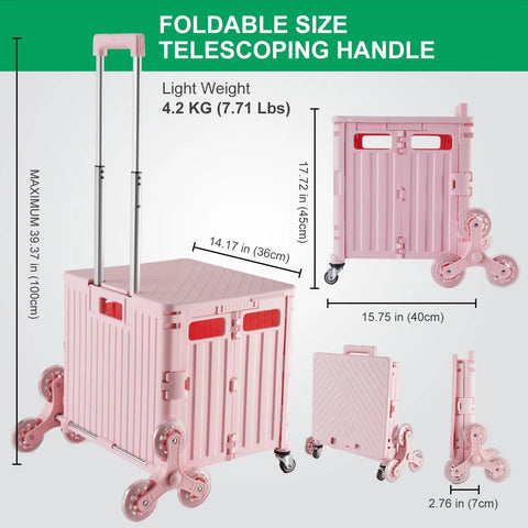 Foldable Utility Cart With Stair Climbing Wheels Telescoping Handle And Collapsible Rolling Trolley Pink for grocery shopping use