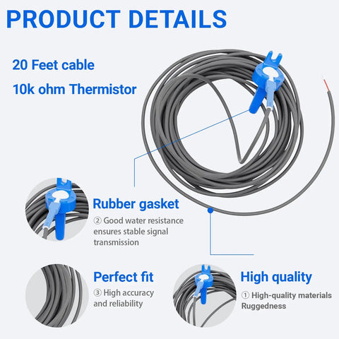 Pool Temperature Sensor Thermistor Replacement Kit for Air Water and Solar Systems 20 Foot Cable 2 Pack, 10k ohm thermistor with rubber gasket