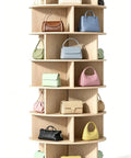 Upgraded 360 Degree Electric Turntable Display Stand With Remote Control For Professional Product Photography And Video Shoots That Boasts Adjustable Speed Rotation Modes, Sturdy Build, And Massive 440 Lb Load Capacity In Sleek Black Finish To Make Your. Displaying various handbags on a wooden turntable, showcasing organized fashion items.