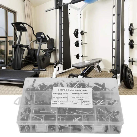 200 Piece Black Blind Rivet Kit High Strength Round Head Assortment in gym setting with weightlifting equipment