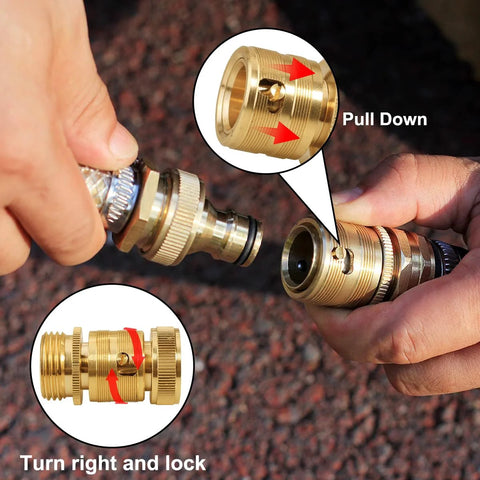 Front view of brass garden hose quick-connect fittings, 3/4 in GHT, two sets; Amazon brand with turn-and-lock, pull-down