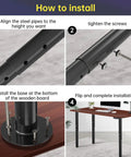 Installation guide for Adjustable Metal Desk Legs 21 To 36 Inches Set showing alignment, screw tightening, base install and completed desk