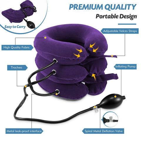 Upgrade Your Wellness Game With This Jaximy Inflatable Neck Traction Device For Serious Pain Relief, purple adjustable support with pump.