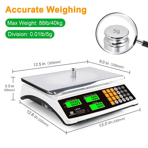 High Precision 40kg 88lb Price Computing Digital Scale For Produce And Meat Weighing With LCD Display And Green Backlight, A Real Workhorse For Farmers Markets, Deli And Meat Shops Not For Trade, showing dimensions and features.