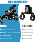Comparison of upgraded RX LOX PM gas can pack mount with key locking for Rotopax and universal mount kit versus traditional mount