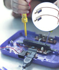 TEHAUX mini push-pull solenoid being installed in a purple electronics case; inset shows two silver solenoids.