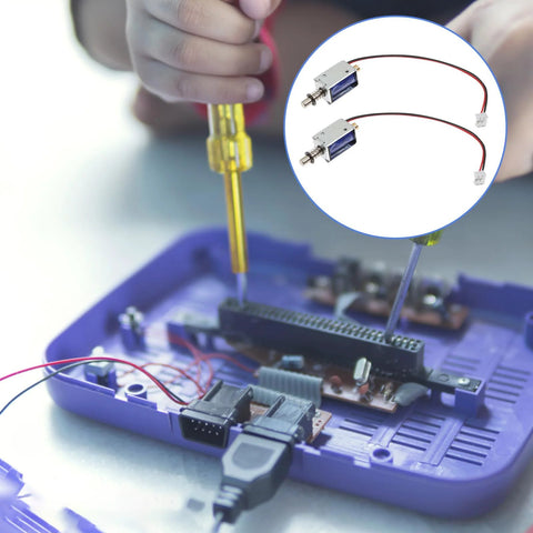 TEHAUX mini push-pull solenoid being installed in a purple electronics case; inset shows two silver solenoids.