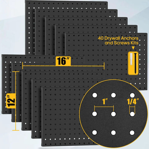 Heavy Duty Metal Pegboard Panels 10 Pack For Garage And Garden Tool Storage 16x12 Inch Steel Pegboard With Included Drywall Anchors And Screws Black Finish Supports Up To 1000 Lbs Total, showing multiple black panels and screw kit