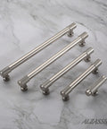 Brushed Satin Nickel Cabinet Pulls 10 Pack with 5 Inch Hole Centers Knurled Kitchen Cabinet Handles arranged on marble surface