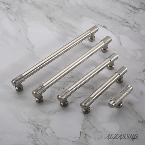 Brushed Satin Nickel Cabinet Pulls 10 Pack with 5 Inch Hole Centers Knurled Kitchen Cabinet Handles arranged on marble surface