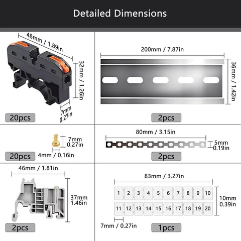 Heavy Duty DIN Rail Terminal Blocks Kit With Inline Universal Compact Wire Connectors For Easy Installation, dimensions