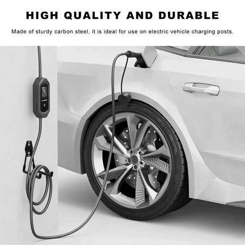 Wall Mounted Carbon Steel Garage Hooks Ev Charger Holder Anti Slip Coating Heavy Duty Storage for EV charging cable on wall next to car.