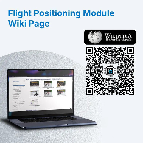 Laptop displaying LiteWing Drone Positioning Module setup with QR code for Flight Positioning Module Wiki Page