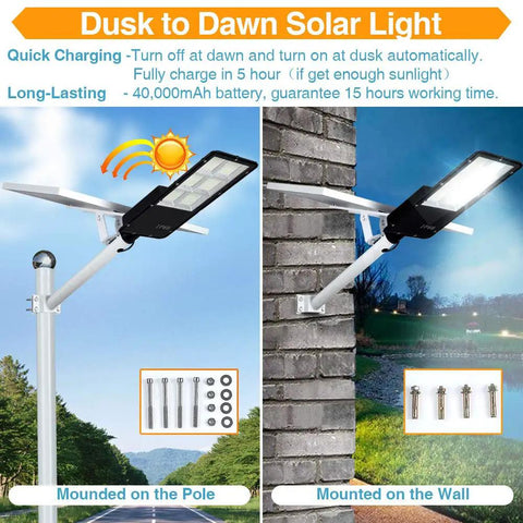 Beast Mode Bright 300W Solar Street Light with Remote Control mounted on pole and wall, dusk to dawn, waterproof and weatherproof.