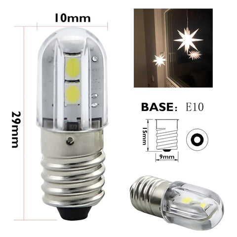 Top Tier Dope E10 LED Light Bulbs 5 Pack 6V Cold White 6500K Miniature Screw Base Replacement Lamps For Vintage Flashlights Holiday Decor And Workshop Gear showing dimensions and E10 base design.