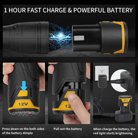 Close-up of Beast Cordless Hammer Drill Kit 12V battery being charged, showcasing fast charge and battery connection details.
