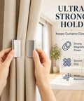Heavy Duty Magnetic Curtain Clips For Blackout Windows With Beefy Adhesive Backing No Drill Hassle For Bedroom Office Or Bath Sweet Upgrade To Total Darkness And Snug Privacy Vibe, shown holding curtains with clips.