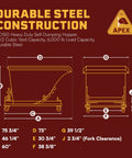 Built Tough 1.5 Yard Self Dumping Hopper With Smooth Rolling Casters And Six Thousand Pounds Capacity dimensions diagram.