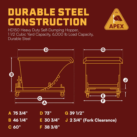 Built Tough 1.5 Yard Self Dumping Hopper With Smooth Rolling Casters And Six Thousand Pounds Capacity dimensions diagram.