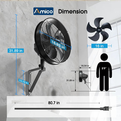 Industrial 16 Inch Indoor Outdoor Wall Mount Fan With Remote, dimensions, blade size, wall mount bracket.