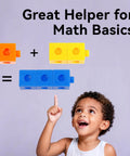 Child pointing at 100 Piece Math Linking Cubes Set For Kids Ages 3 To 8 Colorful Counting Cubes For Fun Addition and Subtraction