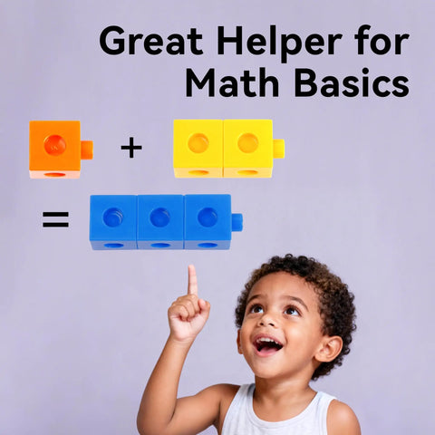 Child pointing at 100 Piece Math Linking Cubes Set For Kids Ages 3 To 8 Colorful Counting Cubes For Fun Addition and Subtraction