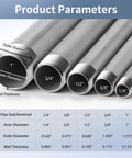 Premium 304 Stainless Steel Pipe Nipple Set With 1/4 Inch NPT Male Threads On Both Ends, 6 Inch Length, Built Tough SCH40 Pre-Cut Pipe For Plumbing, Gas, Hydraulic And Industrial Jobs. Image showing pipe size parameters.